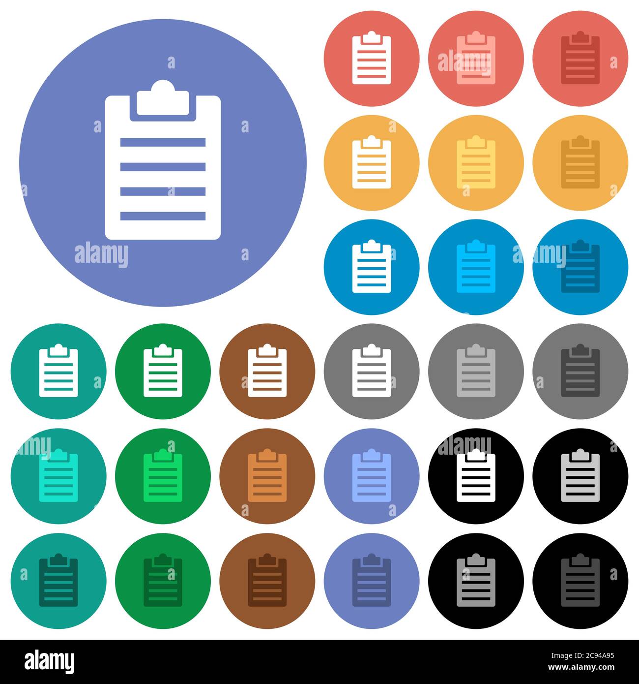 Notes icônes plates multicolores sur arrière-plan rond. Inclus des variantes d'icônes blanches, claires et sombres pour les effets de survol et de statut actif, et sha bonus Illustration de Vecteur