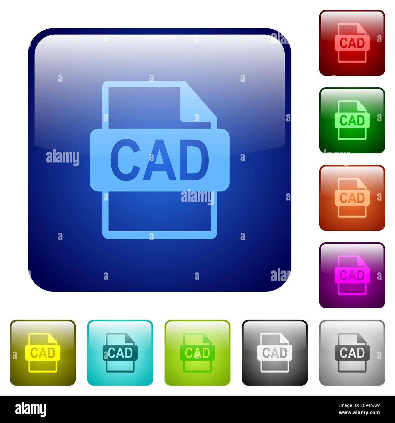 Icônes de format de fichier CAO en forme de carré arrondi de couleur brillant ensemble de boutons Illustration de Vecteur
