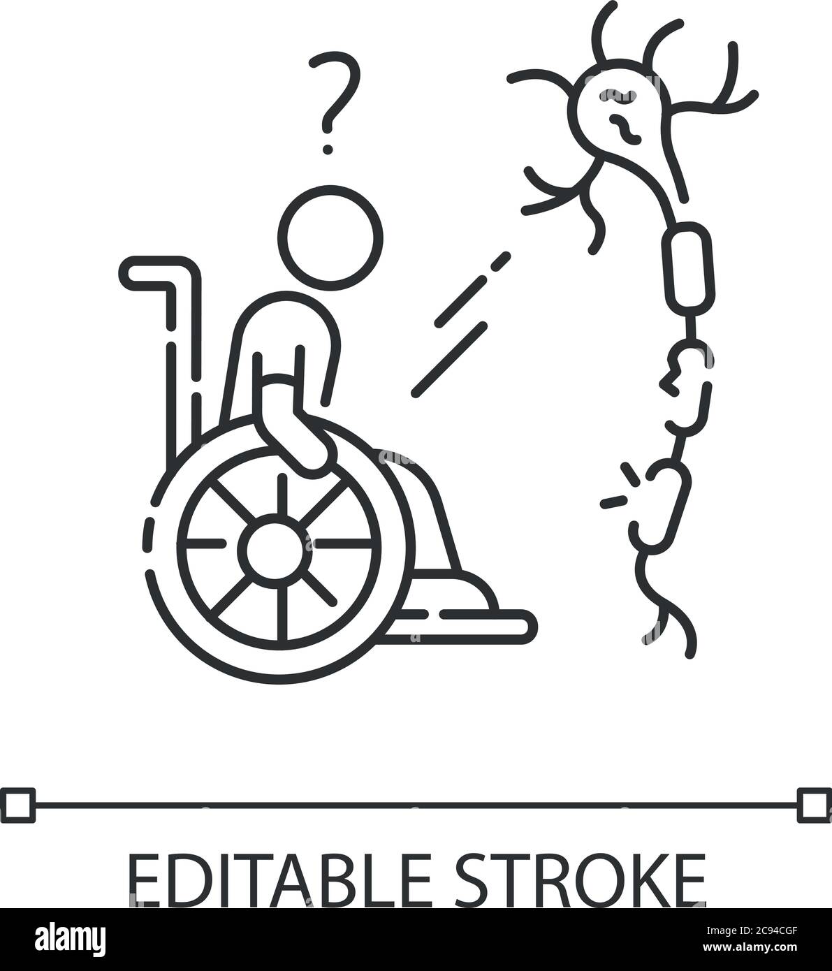 Icône linéaire sclérose en plaques. Homme handicapé. Problème de neurologie. Traitement de traumatologie. Illustration personnalisable à lignes fines. Symbole de contour. isol. Vecteur Illustration de Vecteur