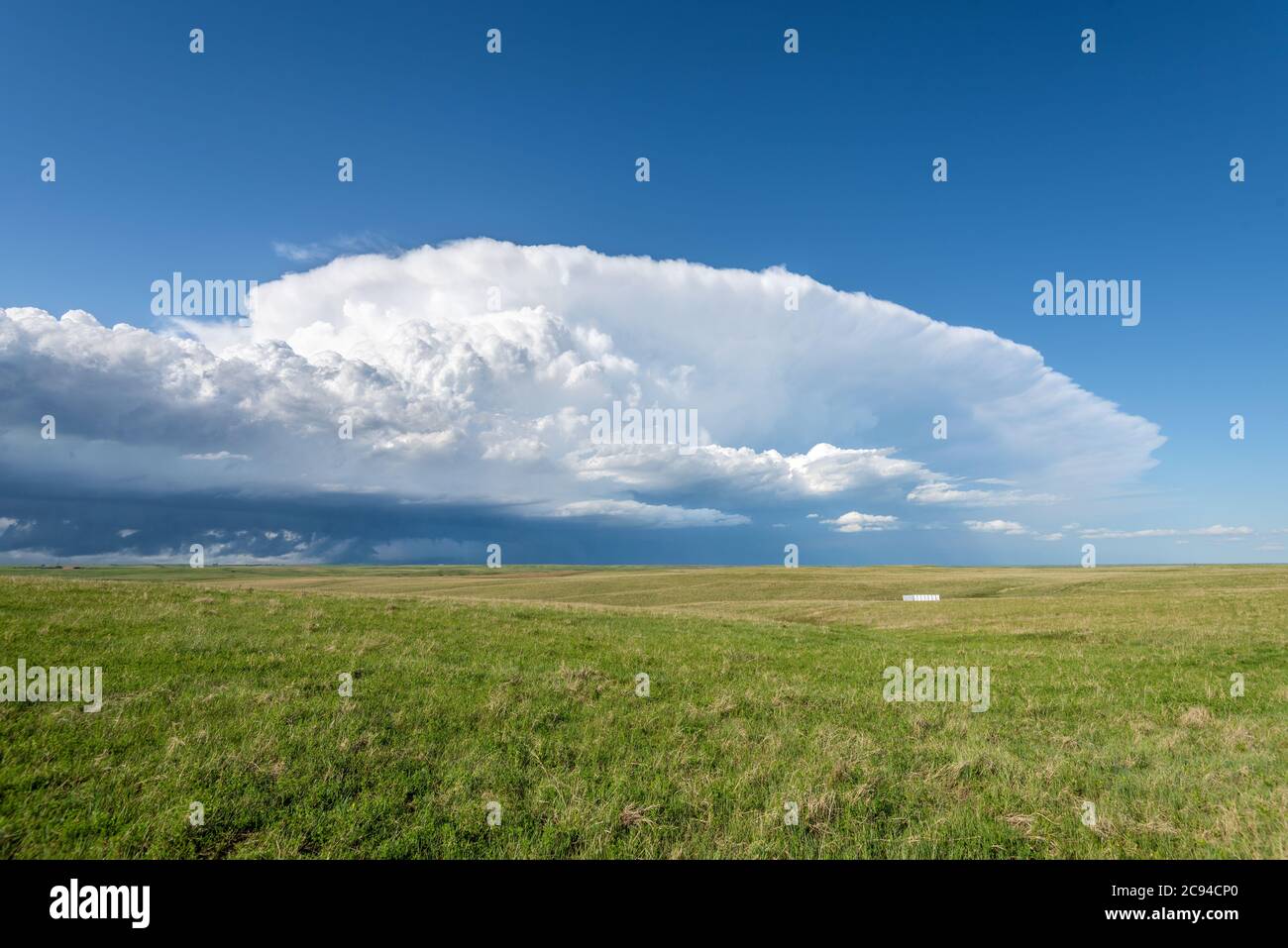 Panorama d'un système de tempête massive, qui est une étape avant la tornade, passe sur une partie herbeuse des grandes plaines tout en essayant férocement de générer plus Banque D'Images