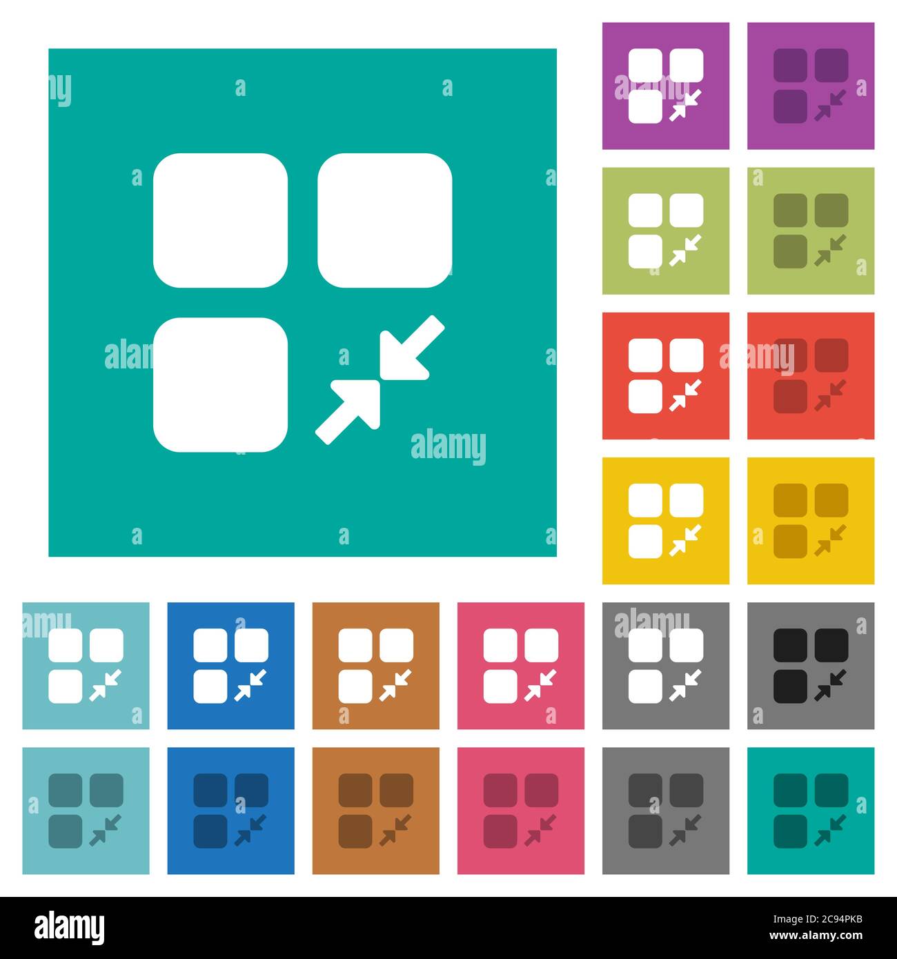 Réduisez les icônes plates multicolores des composants sur des fonds carrés simples. Inclut des variantes d'icône blanche et foncée pour les effets de survol ou actifs. Illustration de Vecteur