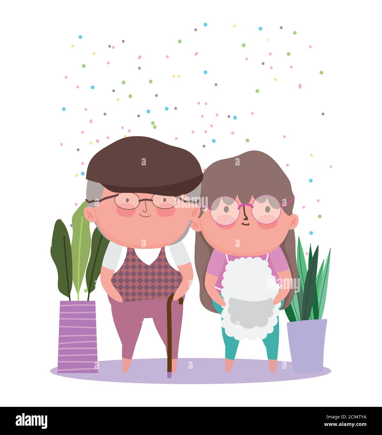 joyeux grand-parents jour, mignon vieux couple avec plantes en pot dessin animé illustration vectorielle Illustration de Vecteur