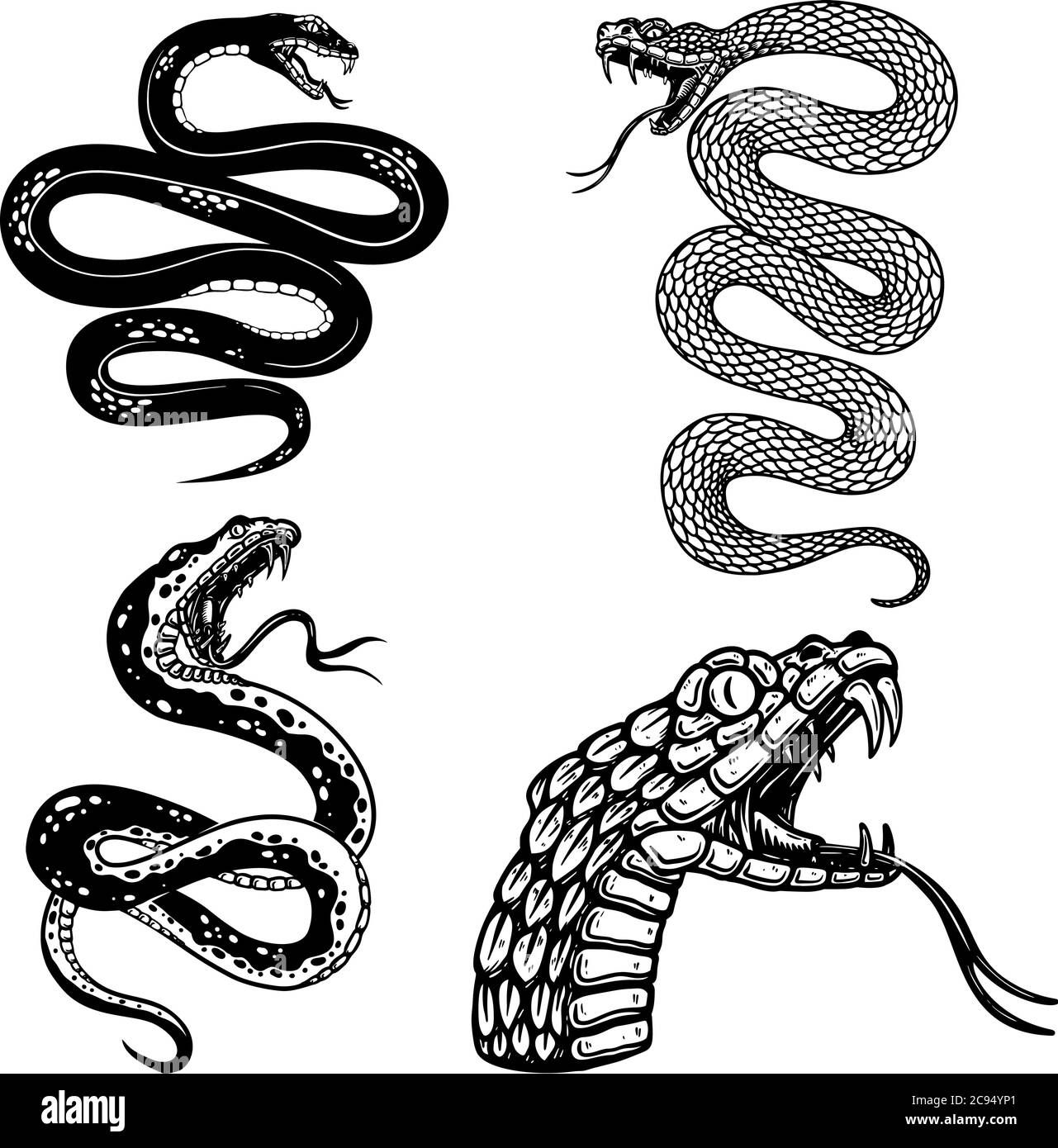 Ensemble d'illustrations de serpent toxique en style gravure. Élément de design pour logo, étiquette, affiche, affiche, t-shirt. Illustration vectorielle Illustration de Vecteur