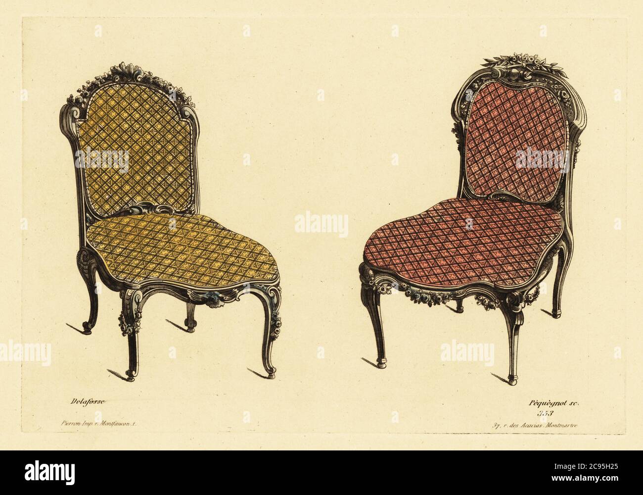 Chaises de salon en bois sculpté avec coussins capitonnés dans le style Louis XVI. Gravure de Pequegnon à la main d’après une illustration de Jean Charles Delafosse des ornements d’Auguste Pequegnot vases et décorations couches les maitres, Pierron, Paris, 1856. Jean-Charles Delafosse était architecte et designer français dans l'antique gout ou le style Louis XVI de 1734 à 1789. Banque D'Images
