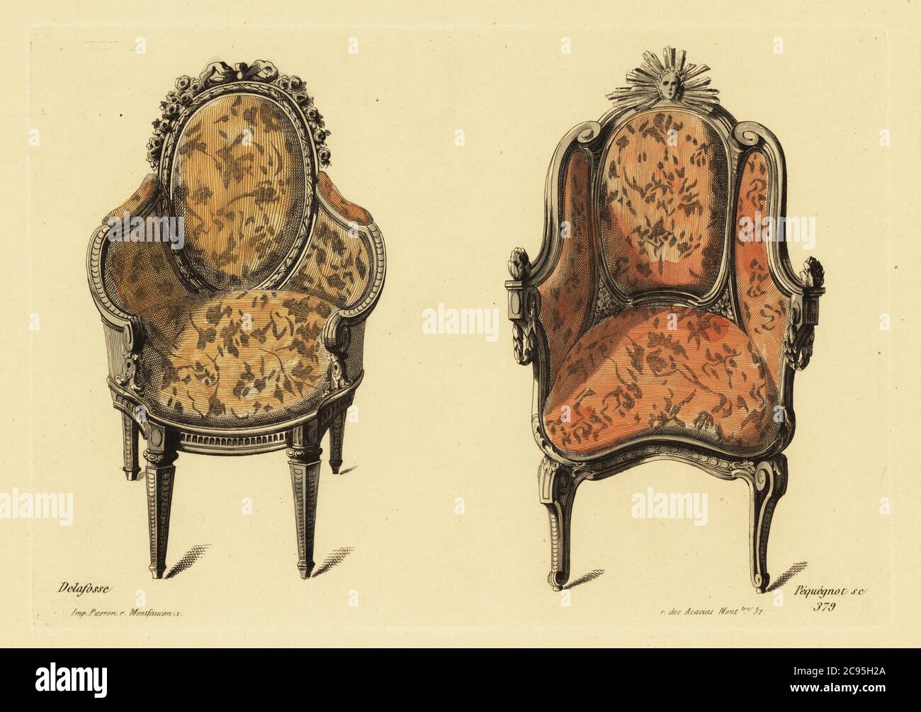 Fauteuils de salon en bois sculpté et riches étoffes dans le style Louis XVI. Gravure de Pequegnon à la main d’après une illustration de Jean Charles Delafosse des ornements d’Auguste Pequegnot vases et décorations couches les maitres, Pierron, Paris, 1856. Jean-Charles Delafosse était architecte et designer français dans l'antique gout ou le style Louis XVI de 1734 à 1789. Banque D'Images