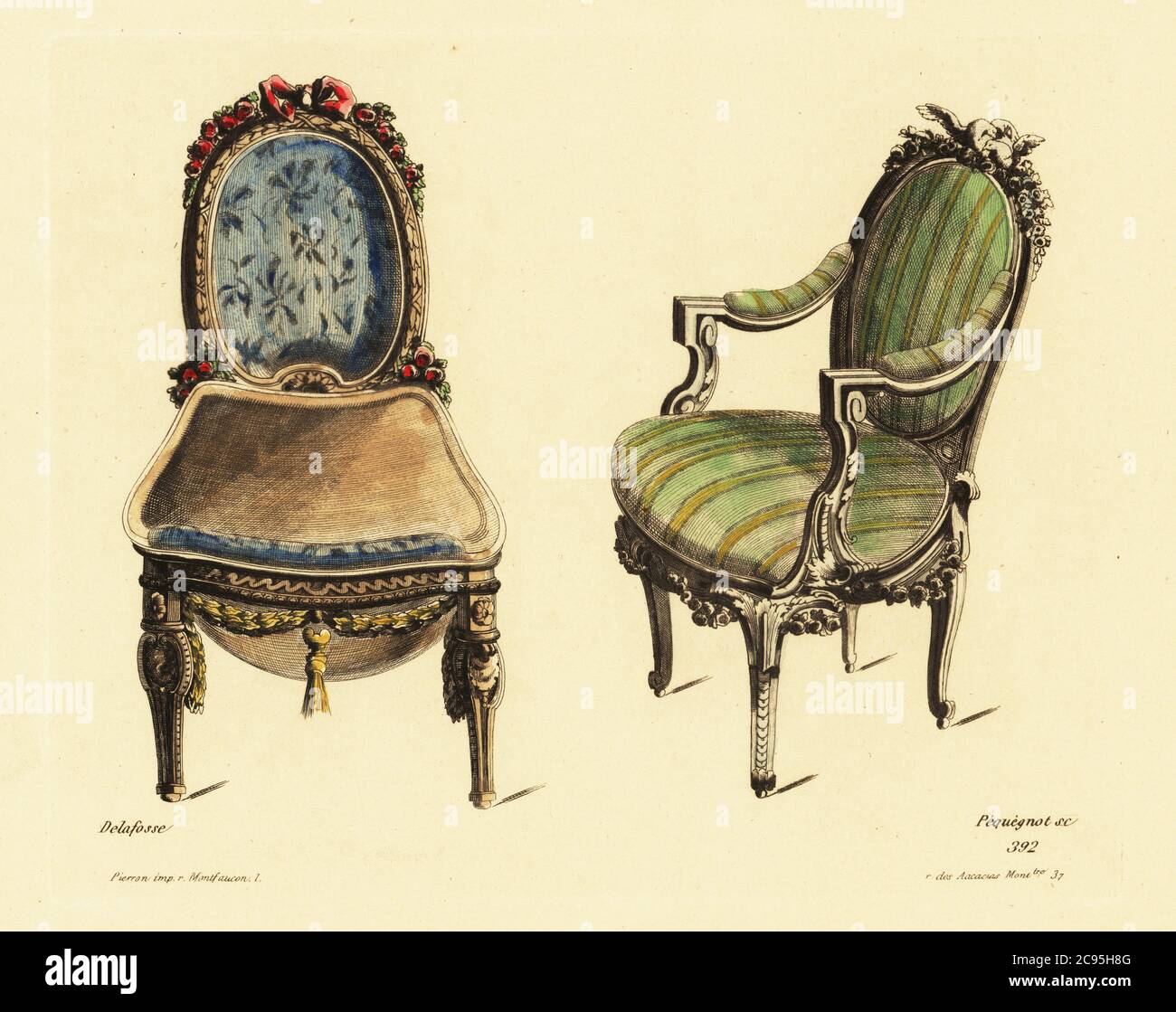 Chaise et fauteuil de salon en bois sculpté et riche tissu de style Louis XVI. Gravure de Pequegnon à la main d’après une illustration de Jean Charles Delafosse des ornements d’Auguste Pequegnot vases et décorations couches les maitres, Pierron, Paris, 1856. Jean-Charles Delafosse était architecte et designer français dans l'antique gout ou le style Louis XVI de 1734 à 1789. Banque D'Images