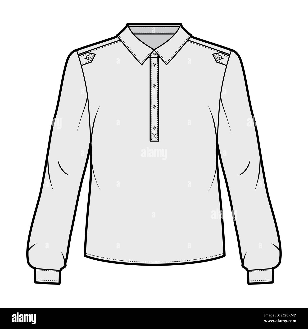 T-shirt Henley illustration technique de la mode avec patte boutonnée, pattes aux épaules, style militaire classique, manches longues. Chemisier plat modèle de vêtement avant de couleur grise. Femmes hommes unisexe top mockup Illustration de Vecteur