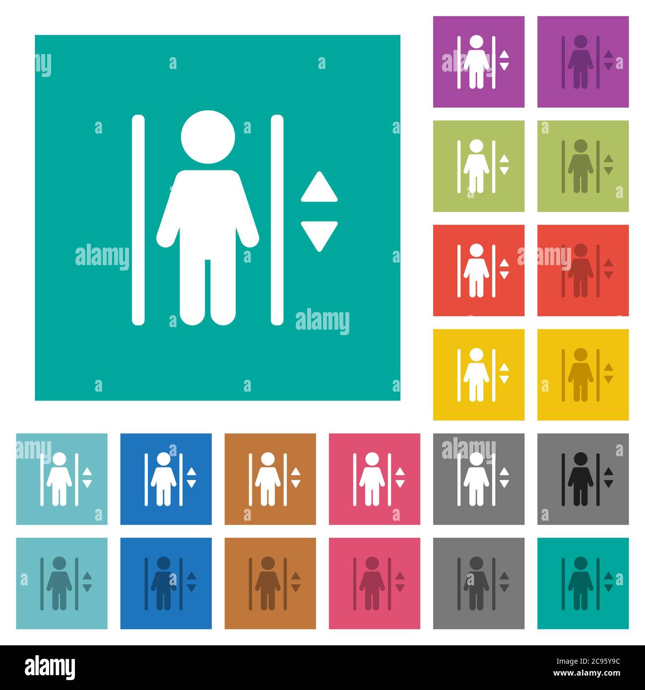 Icônes plates multicolores de l'ascenseur sur fond carré Uni. Inclut des variantes d'icône blanche et foncée pour les effets de survol ou actifs. Illustration de Vecteur