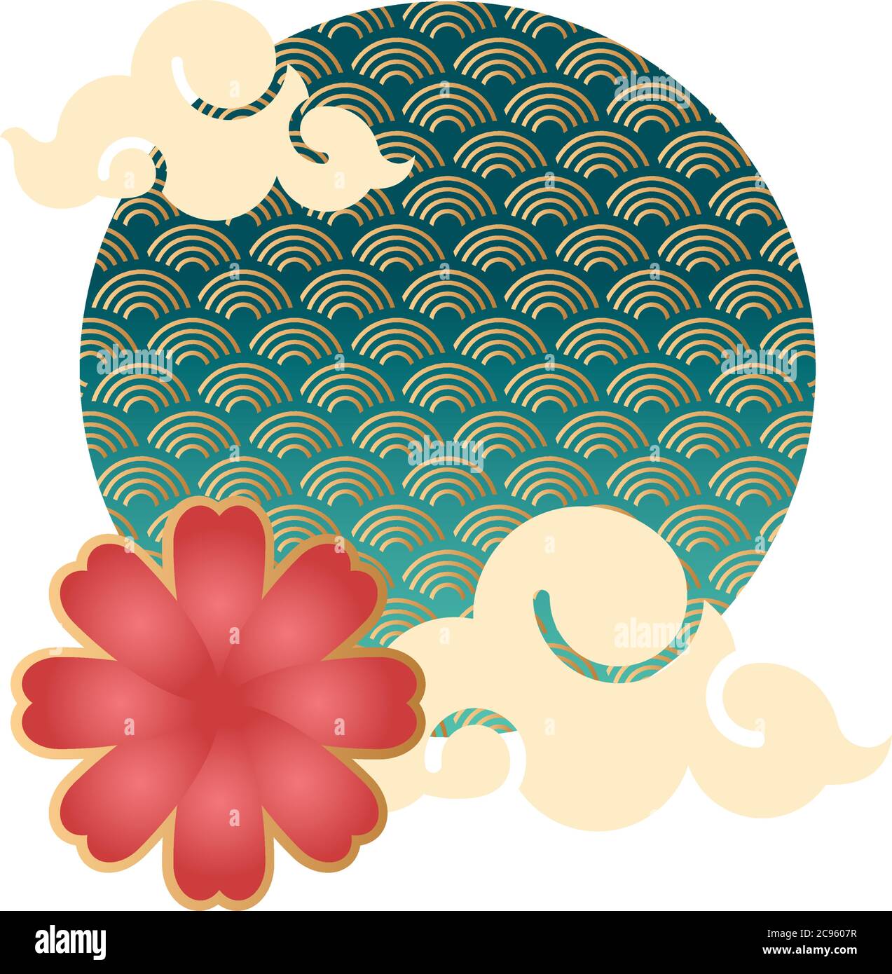 fête de la mi-automne avec nuages et vagues de mer dans le cadre circulaire vecteur illustration design Illustration de Vecteur