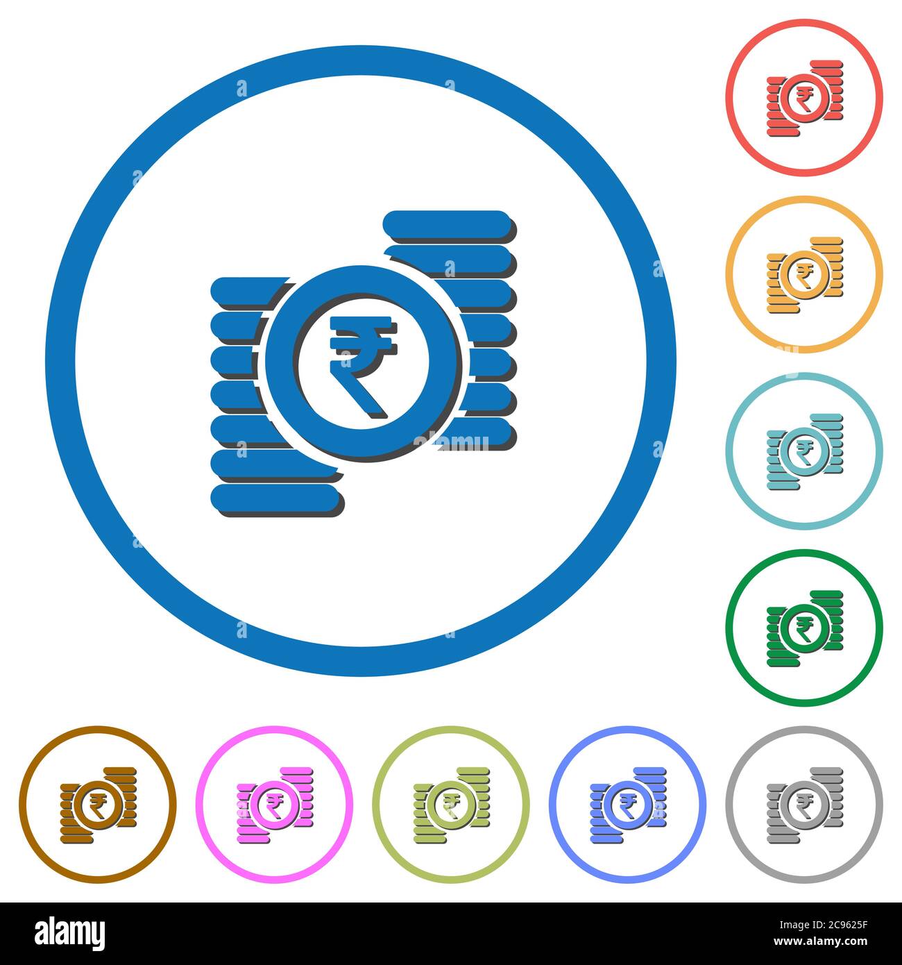Indian Rupee coins couleur plate icônes vectorielles avec des ombres dans des contours ronds sur fond blanc Illustration de Vecteur