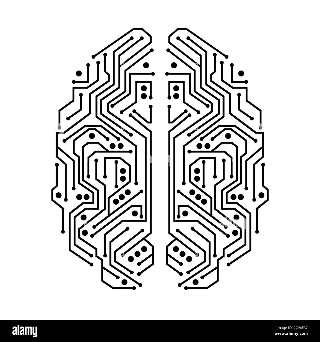 Un cerveau humain présenté comme un microcircuit, noir et blanc Illustration de Vecteur