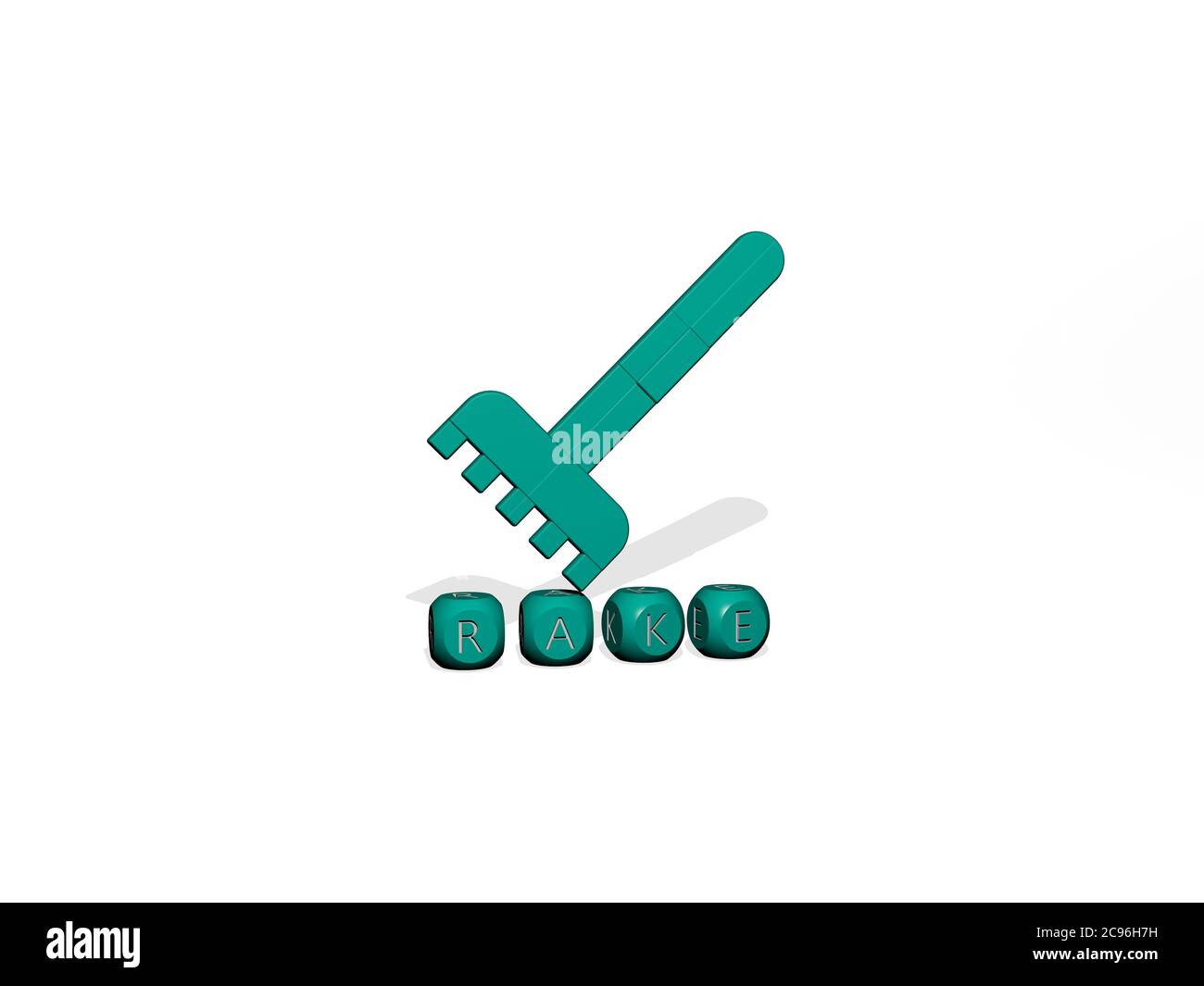 Image graphique 3D de râteau verticalement avec texte construit par des lettres métalliques cubes de la perspective supérieure, excellent pour la présentation de concept et les diaporamas. jardin et illustration Banque D'Images