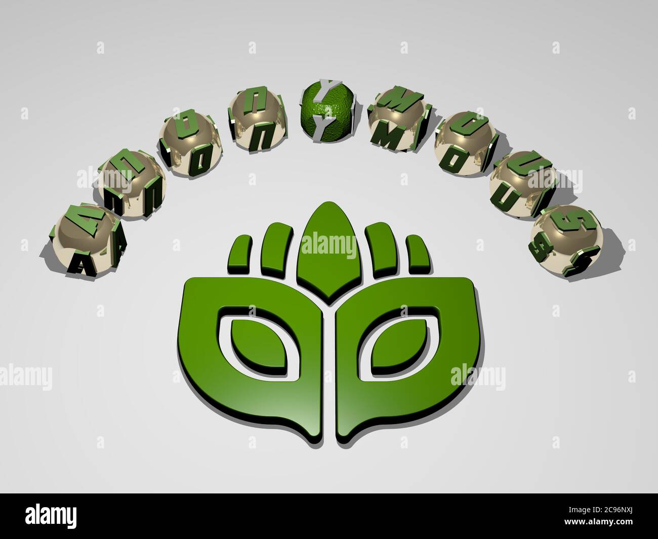 Image graphique 3D de l'anonyme verticalement avec le texte construit autour de l'icône par des lettres métalliques cubes de la perspective supérieure, excellent pour la présentation de concept et les diaporamas. Banque D'Images