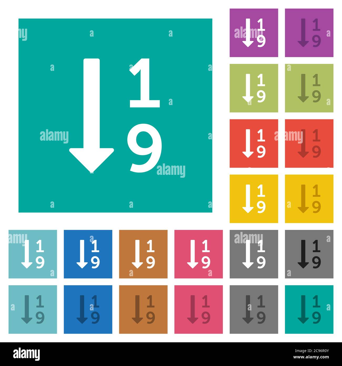 Liste numérotée ascendante des icônes plates multicolores sur des fonds carrés simples. Inclut des variantes d'icône blanche et foncée pour les effets de survol ou actifs. Illustration de Vecteur