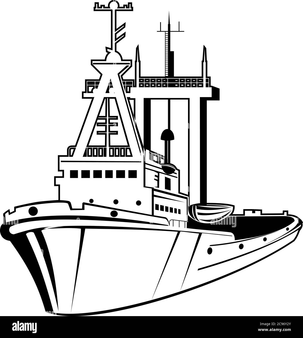 Illustration de style rétro d'un remorqueur de port ou remorqueur, un type de navire qui manœuvre d'autres navires en les poussant ou en les tirant par une ligne de remorquage sur l'isolat Illustration de Vecteur