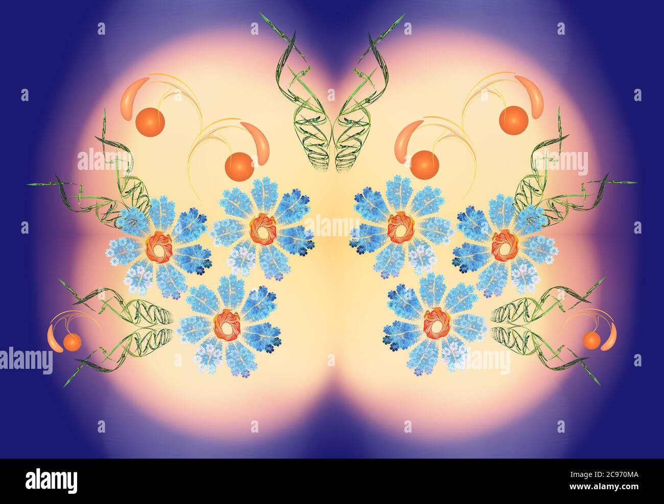 Fleurs fractales abstraites sur fond bleu avec un gradient de Soleil Banque D'Images