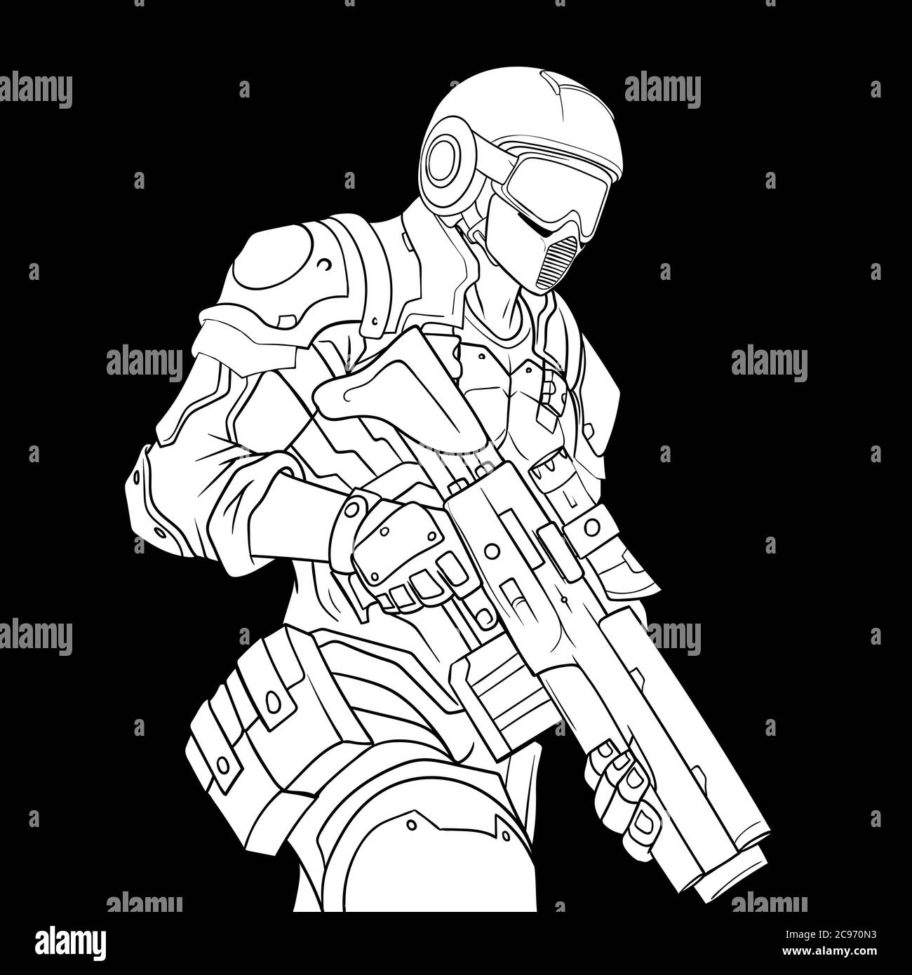 Le policier d'assaut du casque porte une carabine d'assaut Illustration de Vecteur