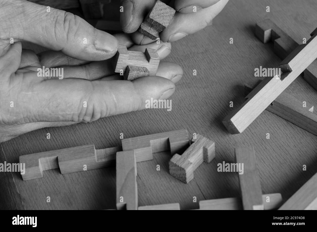 Les mains de l'homme collectent les détails du constructeur en bois des enfants. Gros plan d'un jouet pour enfants en développement. Homme adulte, 44-45 ans, caucasien. Banque D'Images