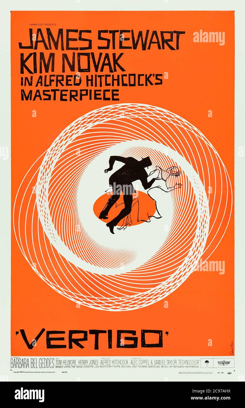 Vertigo (1958) dirigé par Alfred Hitchcock et mettant en vedette James Stewart, Kim Novak, Barbara Bel Geddes et Tom Helmore. Un détective de police à la retraite qui souffre de vertige tombe amoureux et devient obsédé par la belle femme d'un ami mais tout n'est pas ce qu'il semble. Banque D'Images