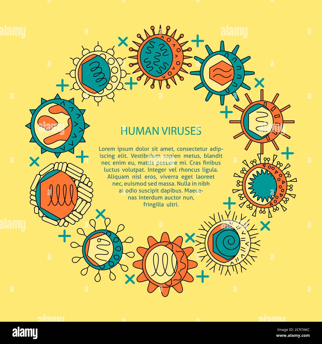 Bannière virus humains avec cadre rond en style de ligne colorée. Affiche microbiologique avec emplacement pour le texte. Illustration vectorielle. Illustration de Vecteur