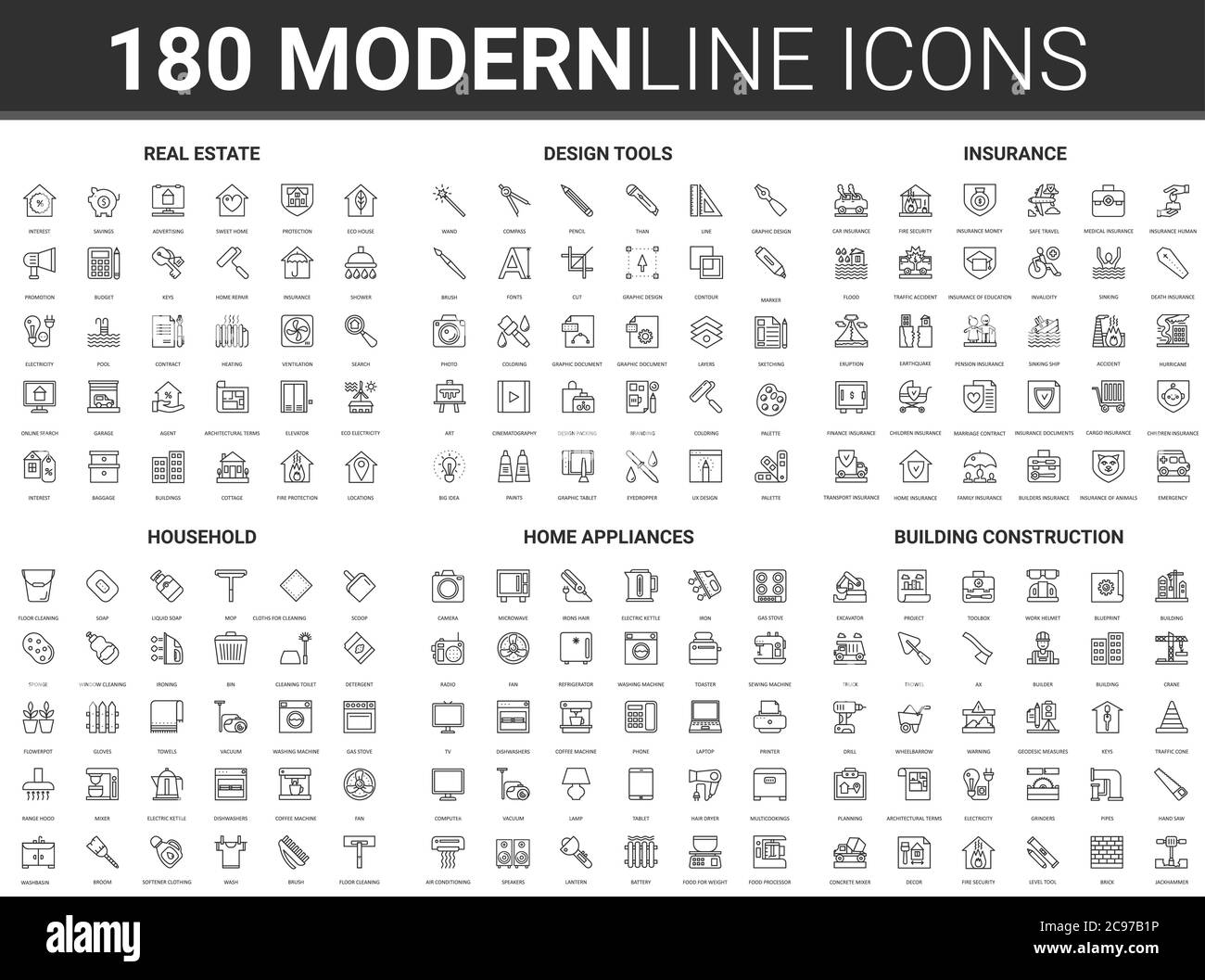 Illustration vectorielle de la conception de la propriété de la maison. Jeu d'icônes modernes et plates à lignes fines, symboles immobiliers et d'assurance, outils de réparation de créateurs, appareils ménagers, industrie de la construction Illustration de Vecteur