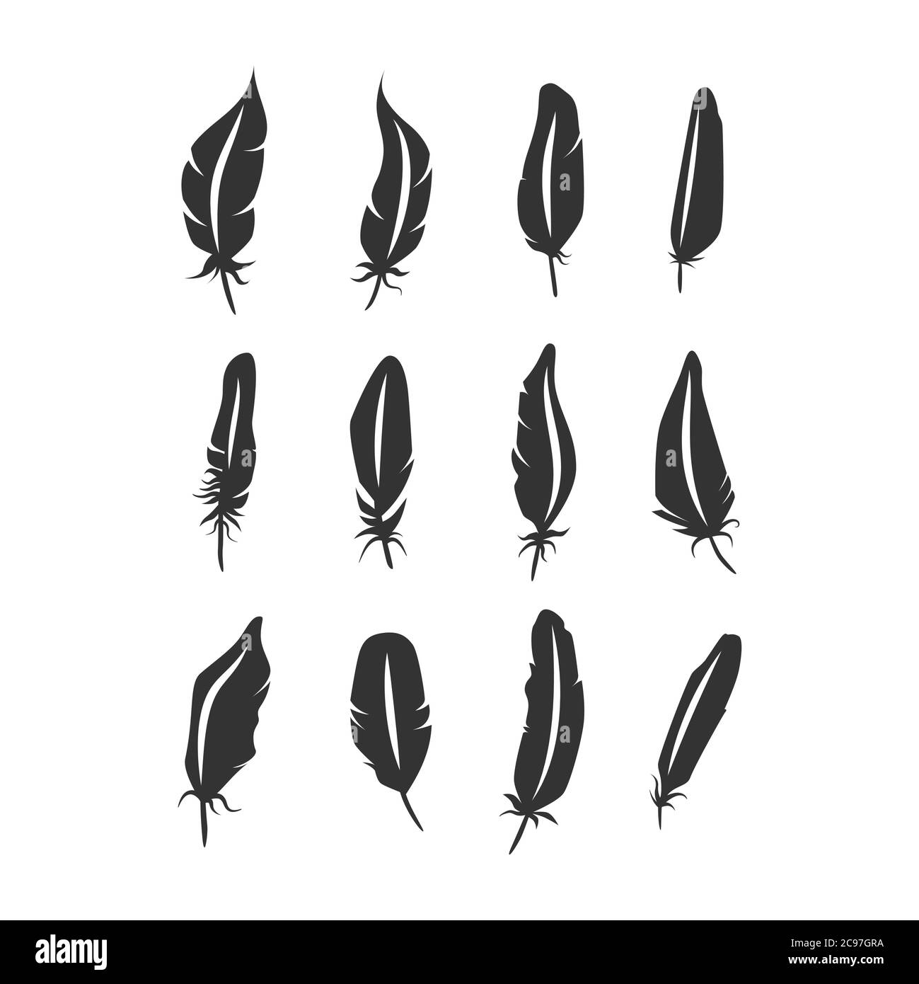 Ensemble d'icônes de silhouette d'oiseau en plumes noires. Collection de plumes vectorielles isolées. Illustration de Vecteur