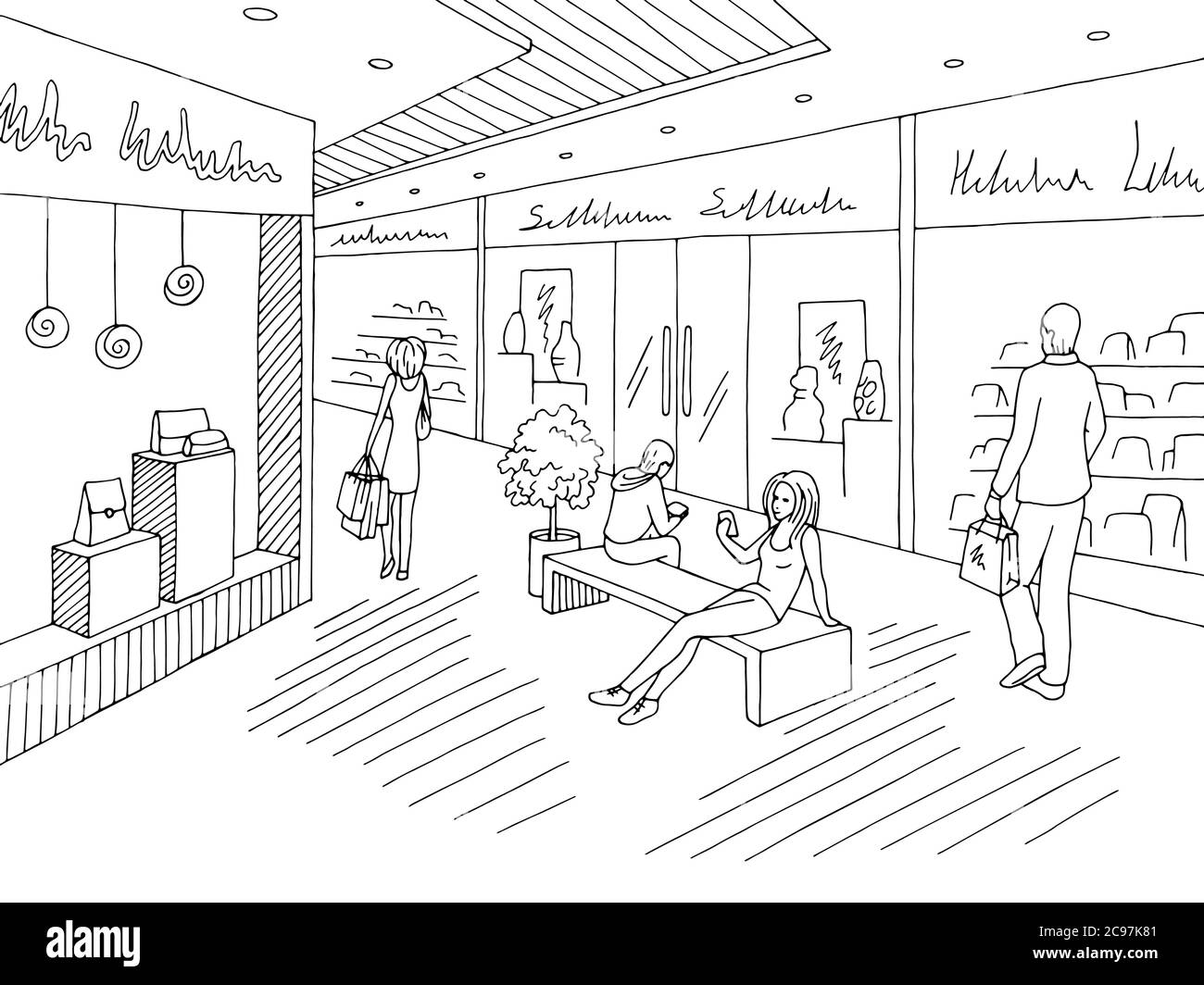 Illustration vectorielle d'un dessin d'intérieur noir blanc graphique de centre commercial Illustration de Vecteur