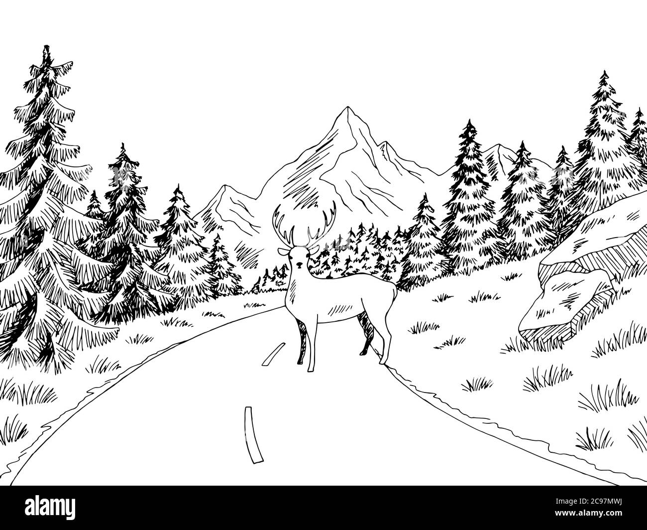 Deer sur la route graphique noir blanc paysage dessin vecteur d'illustration Illustration de Vecteur