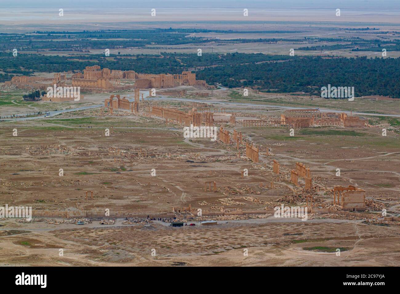 Vue aérienne des ruines de l'ancienne ville de Palmyra avant le début de la guerre civile en Syrie. L'image présente une ancienne route avec des piliers sur le bot Banque D'Images
