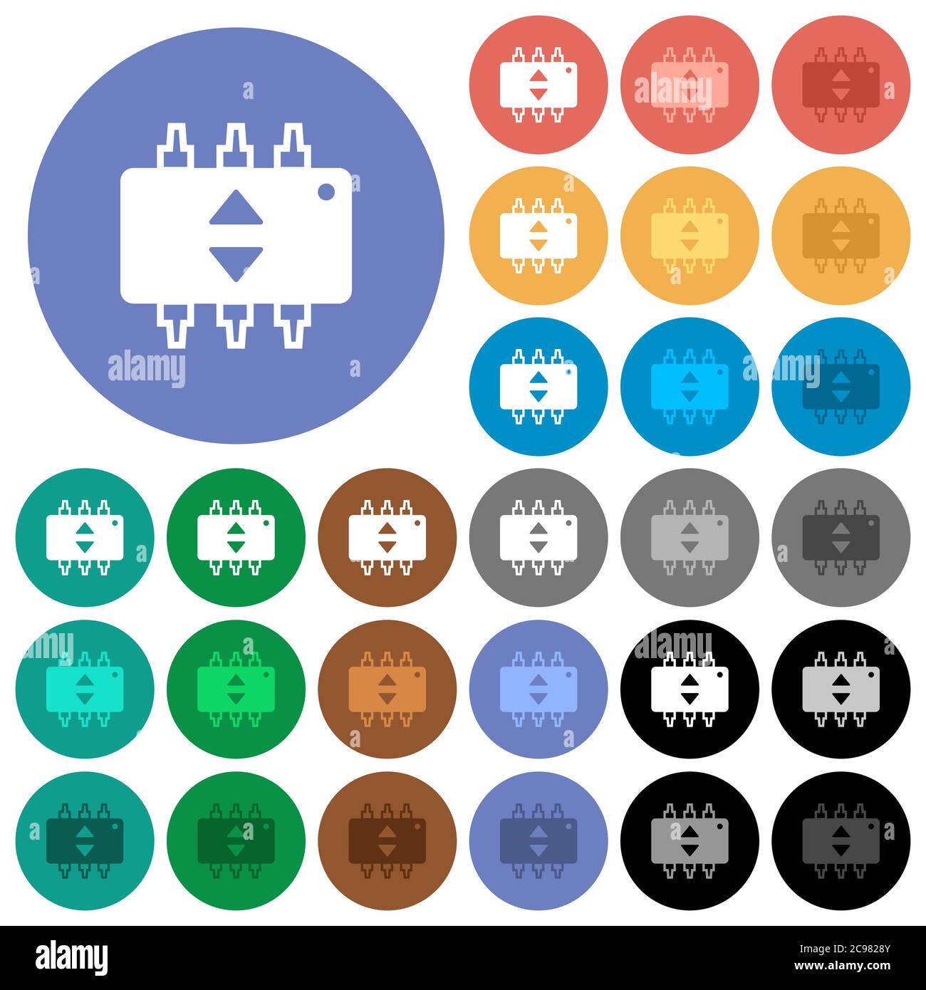 Le matériel permet de régler avec précision les icônes plates multicolores sur des arrière-plans ronds. Inclut des variantes d'icônes blanches, claires et sombres pour les effets de survol et d'état actif, Illustration de Vecteur