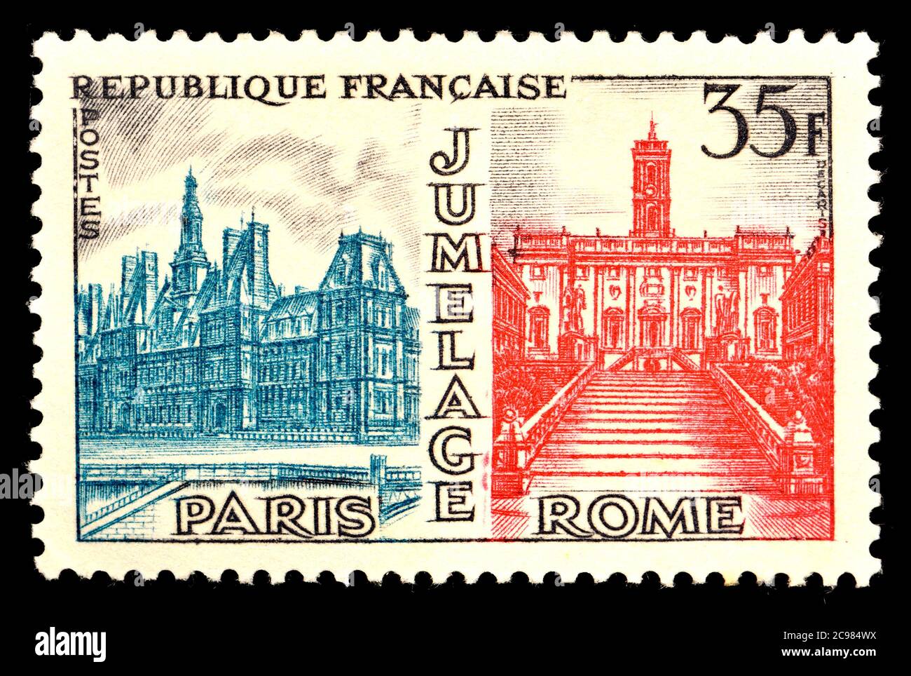 Timbre-poste français (1958) : jumelage de Rome et de Paris (1956) Banque D'Images