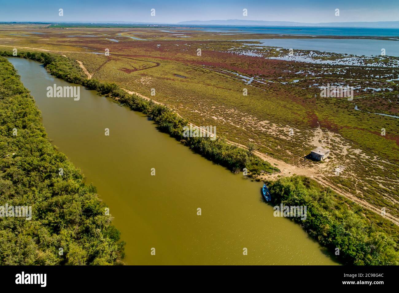 Vue aérienne du delta de la rivière Axios, dans le nord de la Grèce Banque D'Images