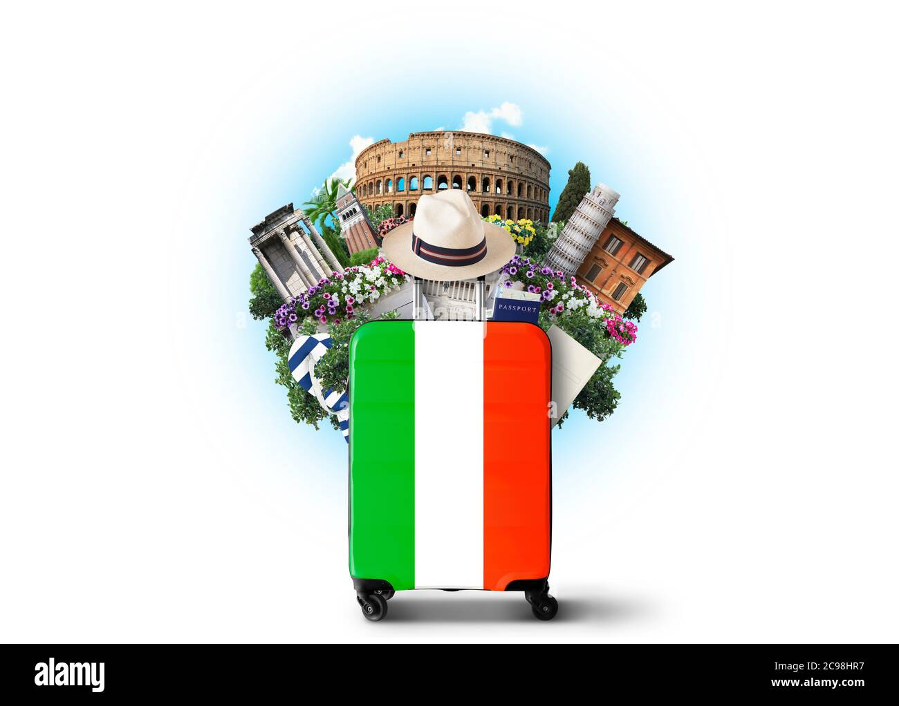 Italie, monuments Italie et valise rétro avec chapeau Banque D'Images