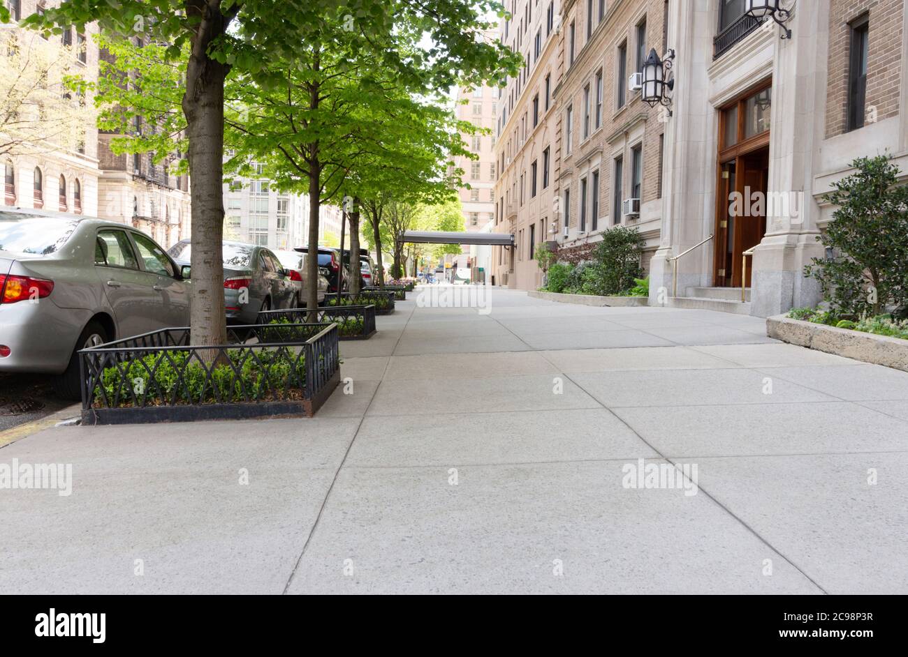 un pittoresque trottoir de la ville avec une ligne des boîtes d'arbres et des voitures garées et un immeuble d'appartements d'avant-guerre de chaque côté Banque D'Images