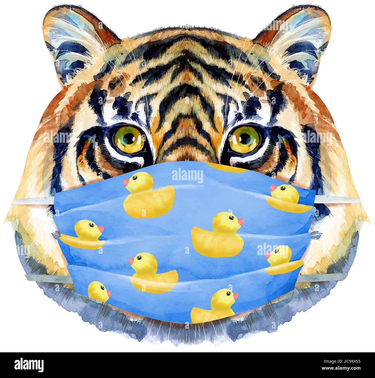 Tête de tigre dans un masque de protection bleu isolé sur fond blanc. Banque D'Images
