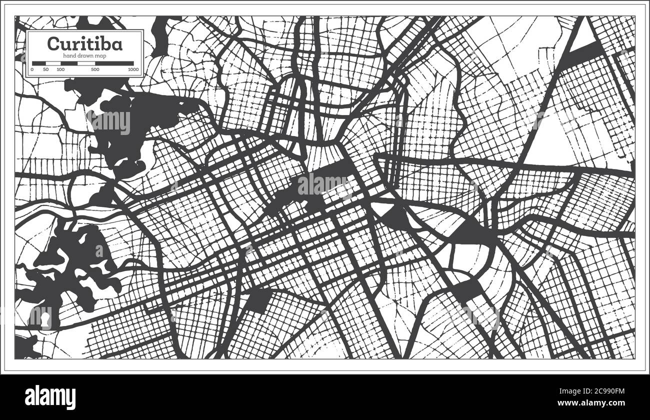 Carte de la ville de Curitiba Brésil en noir et blanc en style rétro. Carte de contour. Illustration vectorielle. Illustration de Vecteur