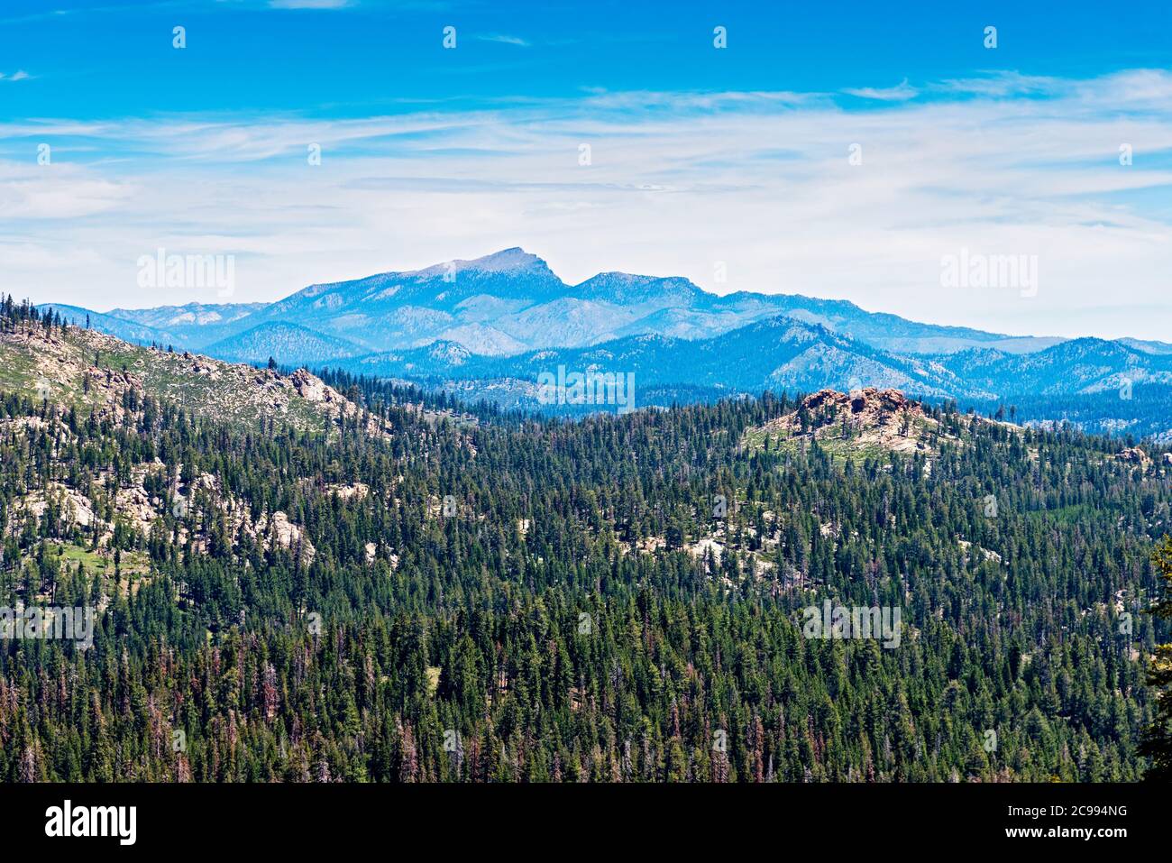 Surplombant les montagnes couvertes de forêt verte sous un ciel bleu avec des nuages blancs, haut sommet de montagne au-delà. Banque D'Images