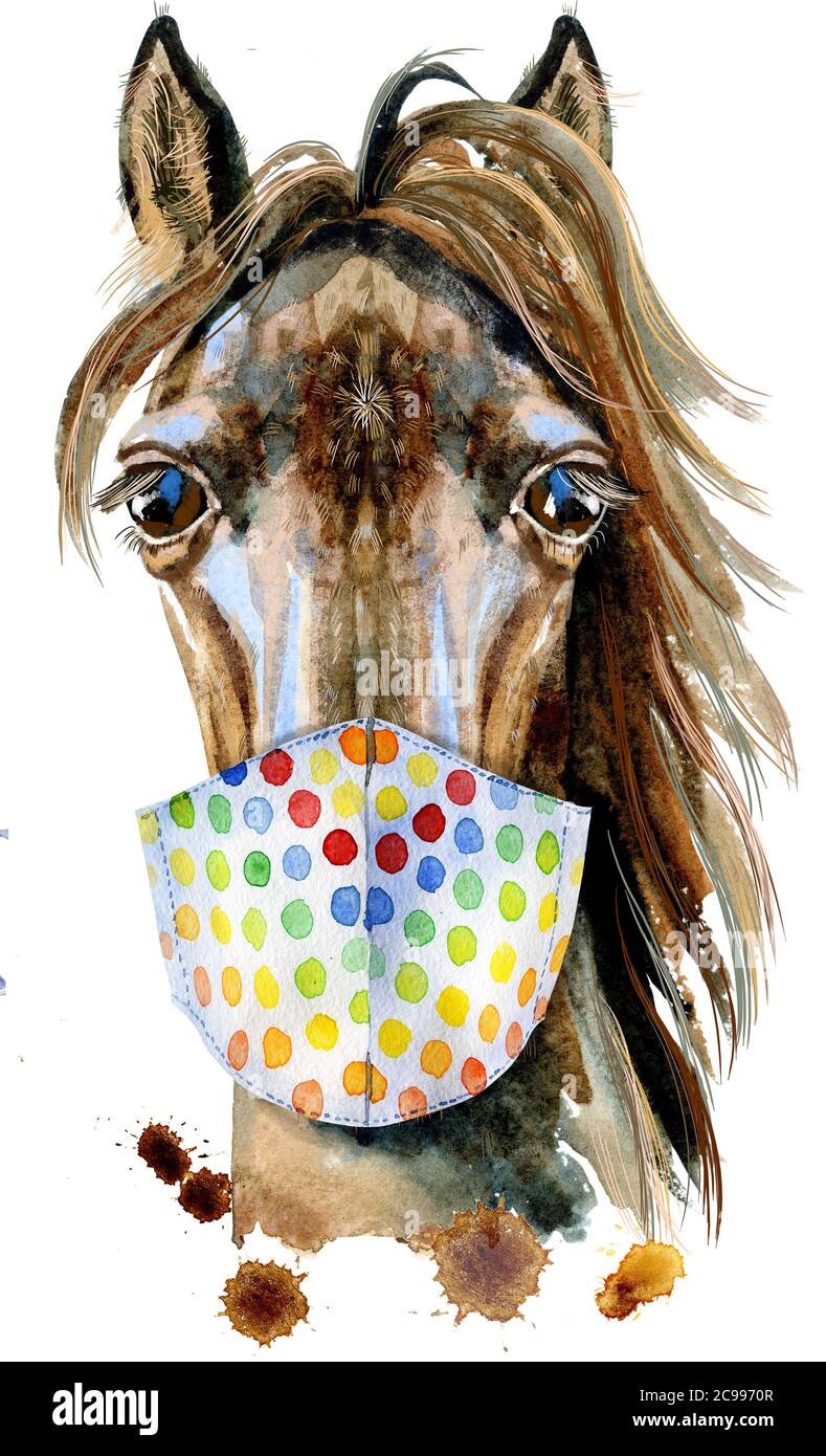 Horoscope de tête de cheval caractère dans le masque de protection. Isolé sur fond blanc. Illustration aquarelle de chèvre. Banque D'Images