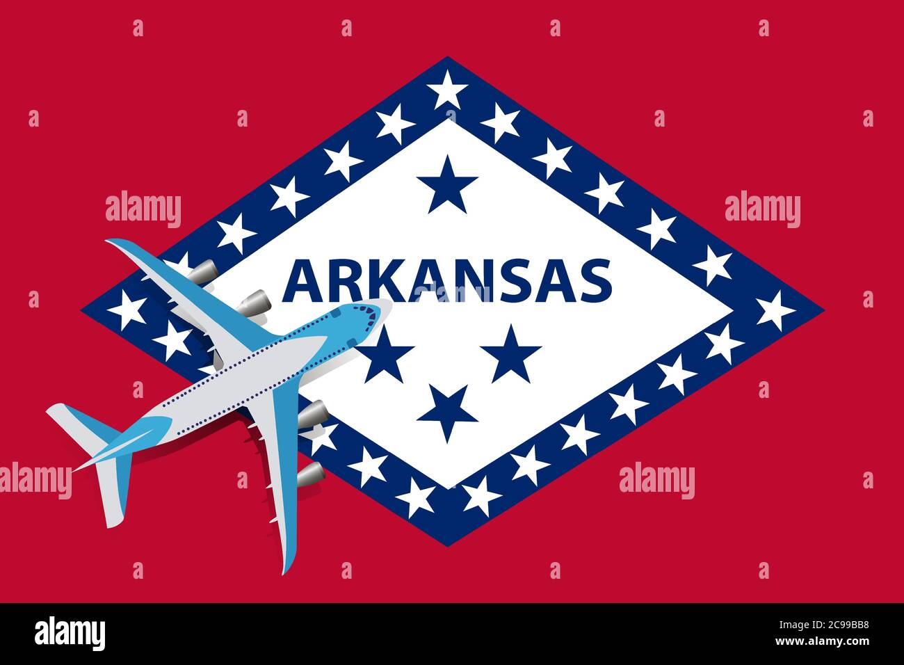 Illustration vectorielle d'un avion de passagers survolant le drapeau de l'Arkansas. Concept de tourisme et de voyage Illustration de Vecteur