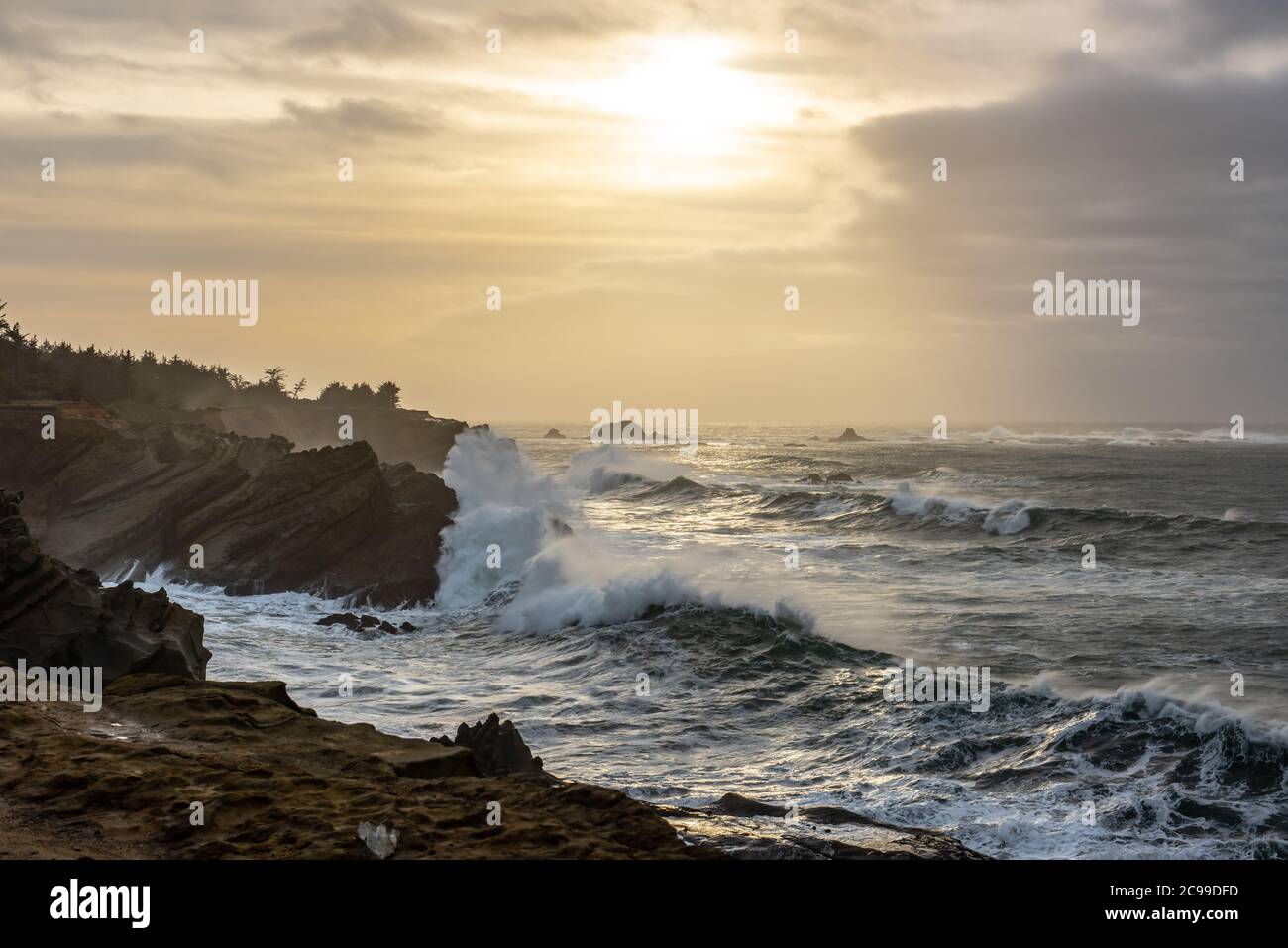 Vagues et ciel spectaculaire sur la côte rocheuse du Pacifique, au parc national de Shore Acres, près de Charleston Oregon Banque D'Images