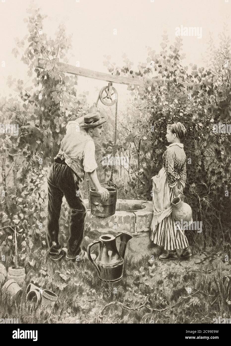 1890 photo d'une peinture de l'artiste américain Daniel Ridgway Knight avec la légende, au puits. Banque D'Images