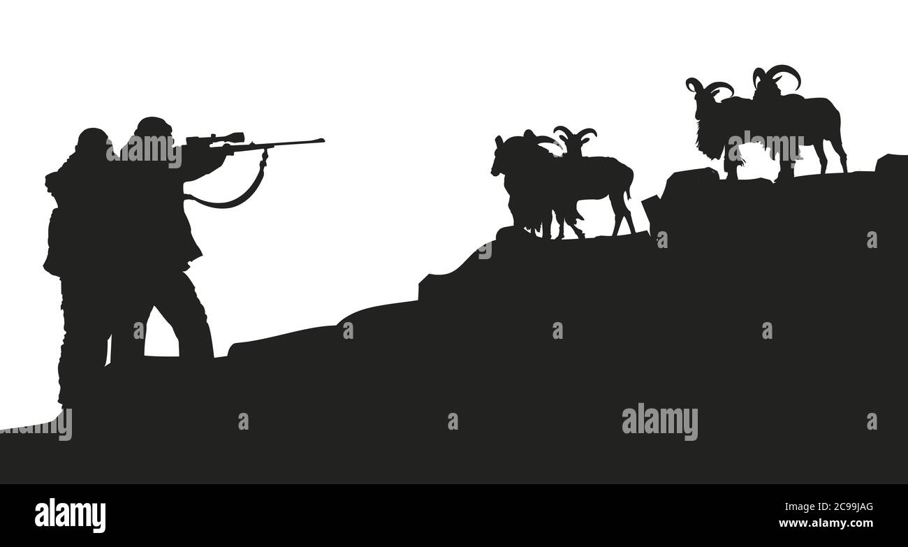 Vector illustration. Les chasseurs fusil pointant vers un groupe de chèvres dans une montagne. Silhouette. Illustration de Vecteur