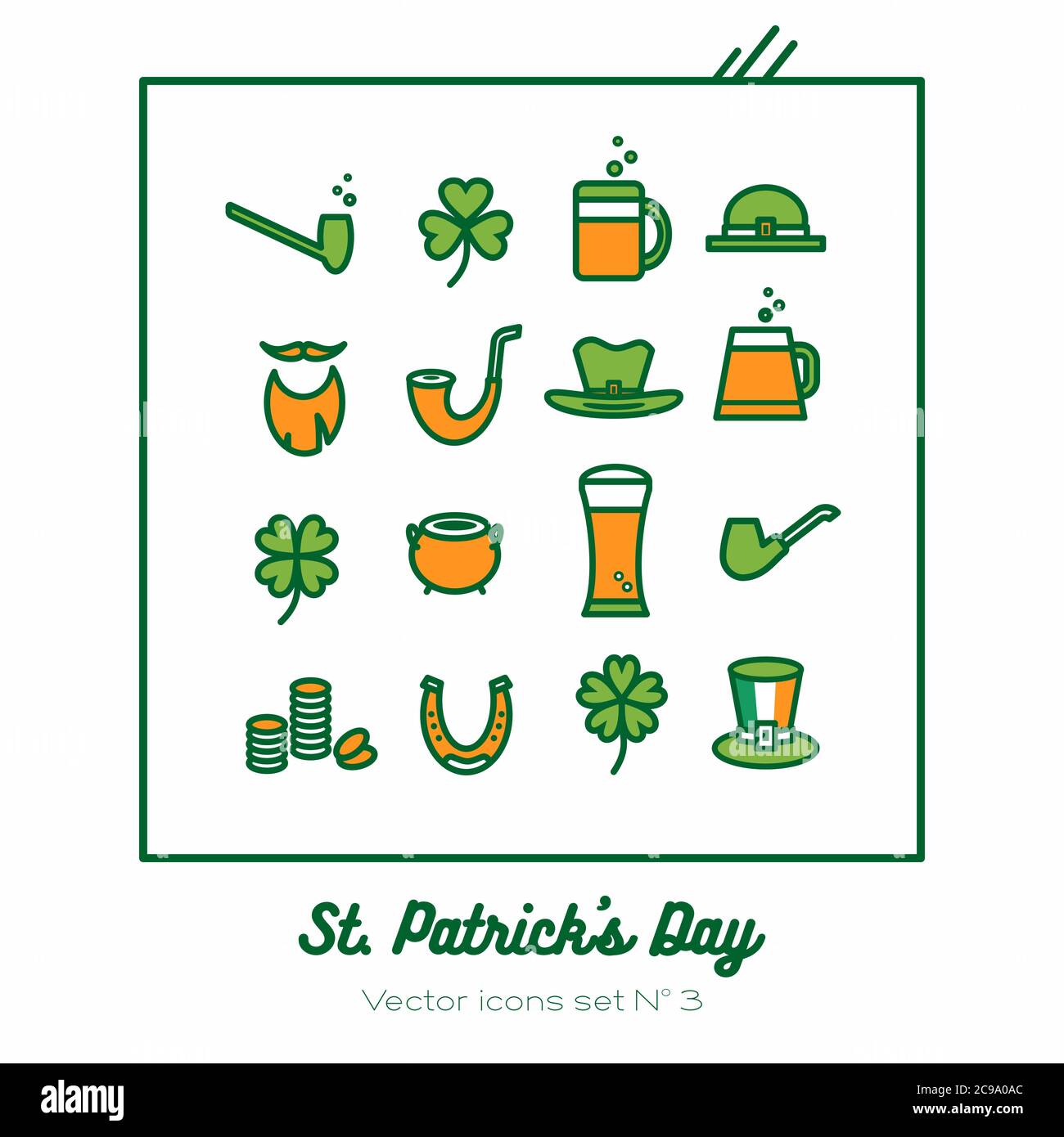 Ensemble d'icônes vectorielles Saint Patrick. Vert orange ligne art icônes plates pour logo, signe, boutons. St Patrick Day minimaliste Illustration de Vecteur