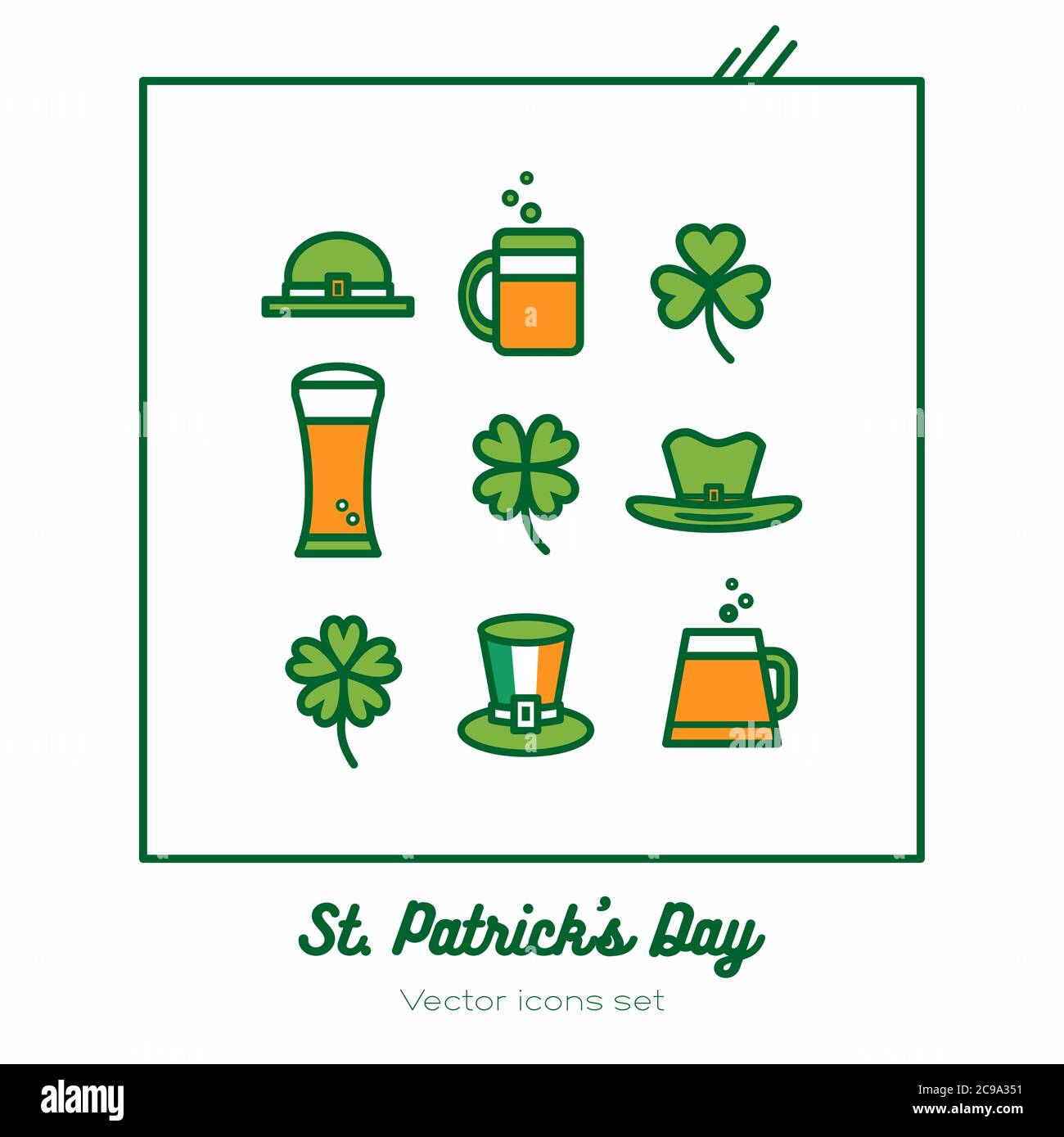 Ensemble d'icônes vectorielles Saint Patrick. Vert orange ligne art icônes plates pour logo, signe, boutons. St Patrick Day minimaliste Illustration de Vecteur