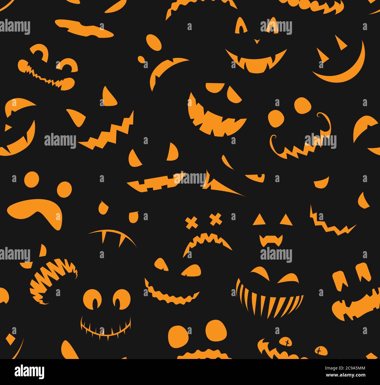 Motif Halloween sans couture. Fait face aux silhouettes sur fond noir. Design pour papier album, impression textile, papier peint. Illustration vectorielle. Illustration de Vecteur