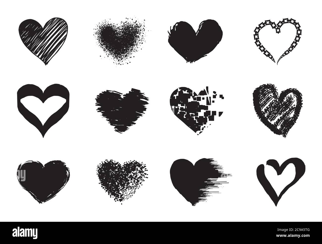 Jeu d'icônes en forme de coeur dessinées à la main. Collection de timbres grunge. Formes d'amour pour votre conception. Affiches texturées pour la Saint-Valentin. Illustration de Vecteur