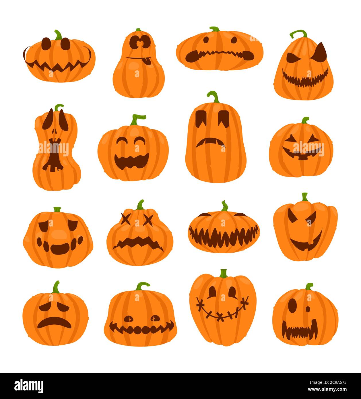 Ensemble de visages de citrouilles d'halloween. Le symbole principal de l'heureux Halloween vacances. Citrouille orange avec le sourire pour votre conception pour les fêtes d'Halloween. Illustration de Vecteur