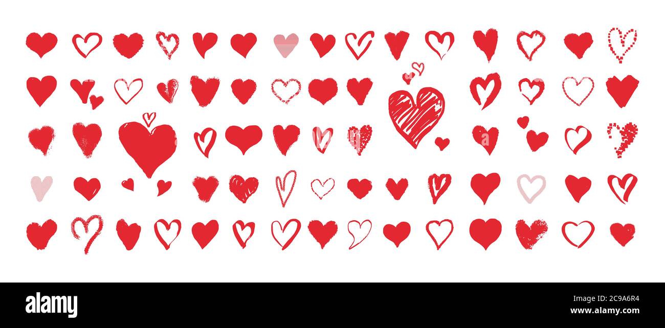 Grunge les cœurs. Éléments de conception pour la Saint-Valentin. Coeur rouge dessiné à la main. Illustration vectorielle isolée sur fond blanc. Illustration de Vecteur
