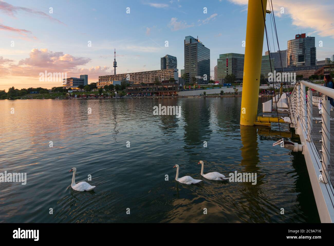 Wien, Vienne: rivière Neue Donau (Nouveau Danube), CopaBeach (Plage de Copa, ancienne Copa Cagrana), restaurants en bord de mer, Donaucity, Donauturm (Tour du Danube), Banque D'Images