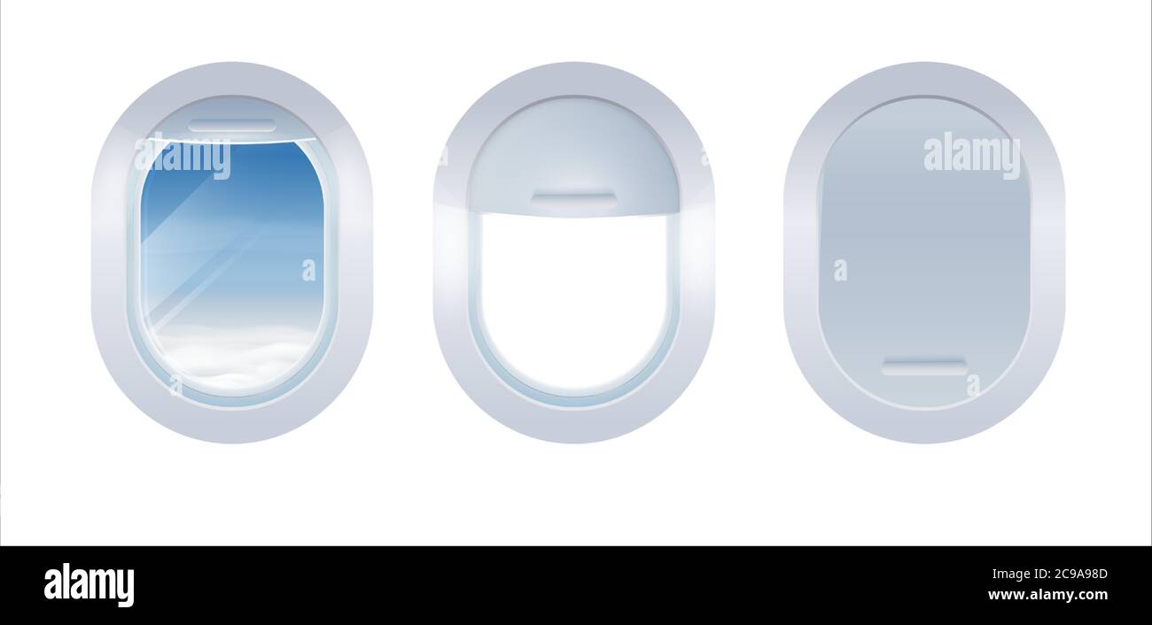 Ensemble de fenêtres d'avion isolées sur fond blanc. Prises d'air réalistes en plastique blanc avec pare-soleil ouverts et fermés. Illustration de Vecteur